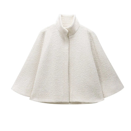 HH Women's 2025 New Solid Wool Blended Stand Collar Concealed Button Cape Jacket Female Fashion Versatile Temperament Jacket
