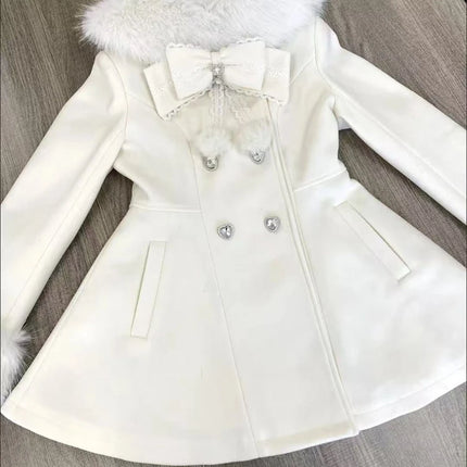 Japanese Autumn Winter Elegant Kawaii Coat Women Faux Fur Collar Long Sleeve Tops Casual Lolita Bow Button Warm Sweet Jacket