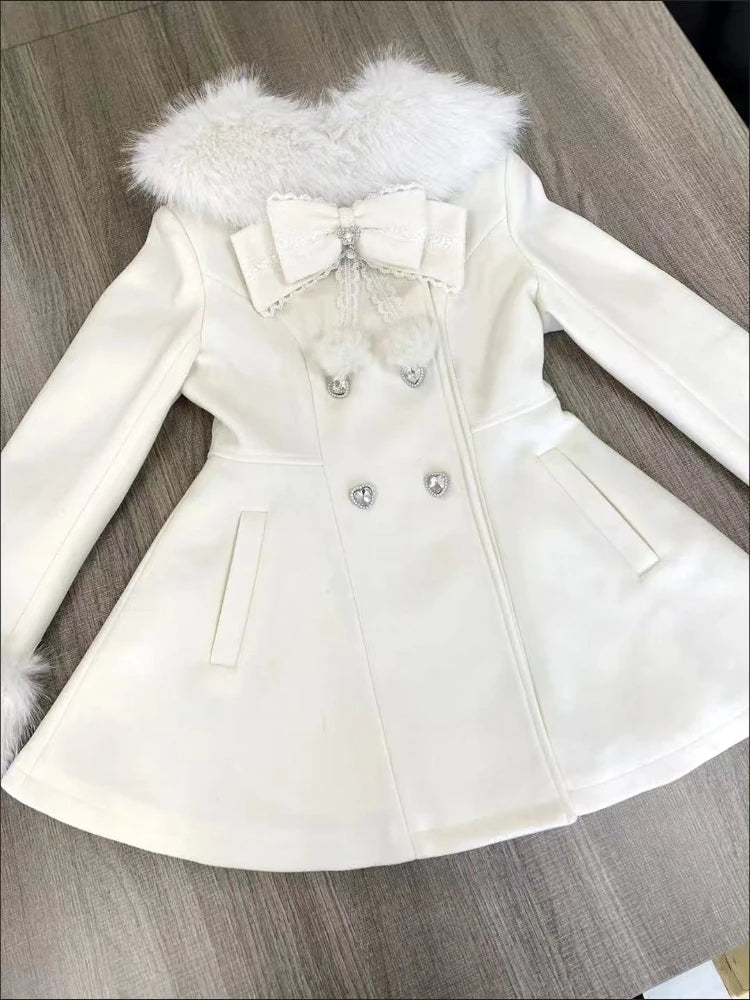 Japanese Autumn Winter Elegant Kawaii Coat Women Faux Fur Collar Long Sleeve Tops Casual Lolita Bow Button Warm Sweet Jacket