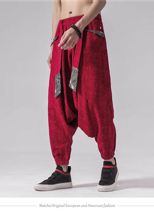 Pantaloni a gamba larga da uomo in cotone e lino casual oversize Harajuku pantaloni alla moda da uomo samurai giapponese retrò Ukiyo-e stampa pantaloni con cintura da uomo