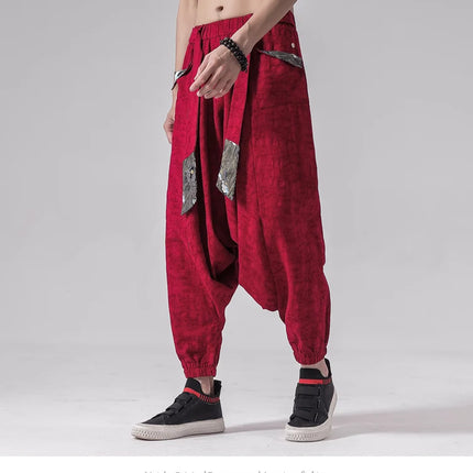 Pantaloni a gamba larga da uomo in cotone e lino casual oversize Harajuku pantaloni alla moda da uomo samurai giapponese retrò Ukiyo-e stampa pantaloni con cintura da uomo