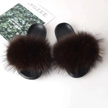 Real Raccoon Fur Slippers for Women 2023 Summer Fluffy Indoor Home Fuzzy Flat Slides Outdoor Fashion Beach Sandals Flip Flops
