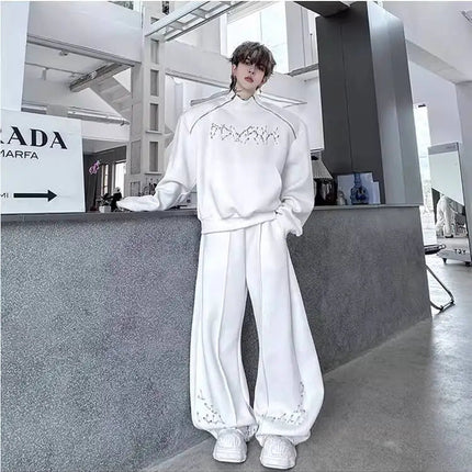 LUZHEN Fashion Street Two-piece Sets Men's Zipper Shoulder Design Long Sleeve Sweatshirt 2025 Autumn Loose Wide Leg Pants JY3912 PlatiNum