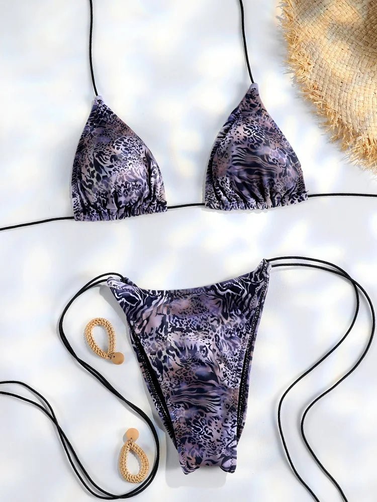Set Bikini Triangolo Sexy Micro Thong, Costume da Bagno Donna, Biquini con Lacci, Abbigliamento da Spiaggia Stampato, Bikini Thong platinumshop