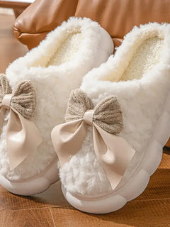 Pink Bowtie Furry Fur Slippers for Women Winter 2026 New Thick Platform Soft Sole Home SlidesWoman Warm Plush Fuzzy Indoor Shoes