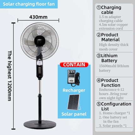 Ventilatore da pavimento ad energia solare 6 - 12 ore di corsa Ventilatore da pavimento portatile regolabile a 3 velocità per porta USB di emergenza oscurante domestica e luce notturna