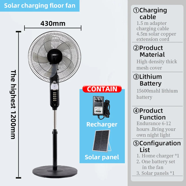 Ventilatore da pavimento ad energia solare 6 - 12 ore di corsa Ventilatore da pavimento portatile regolabile a 3 velocità per porta USB di emergenza oscurante domestica e luce notturna