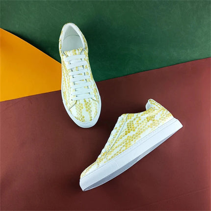Leather Sneakers Men Calfskin Stone Pattern Casual Shoes Lace Up Flats Daily Footwear