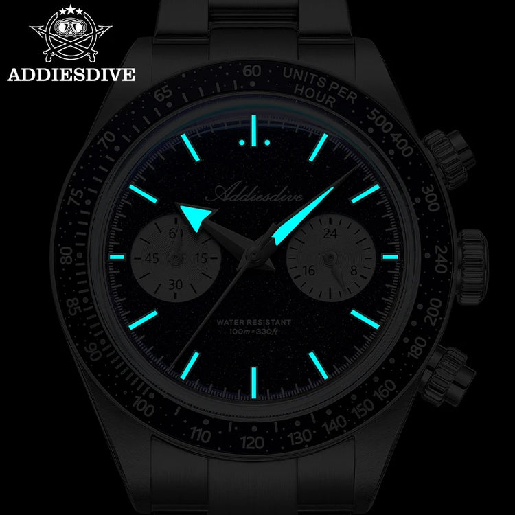 ADDIESDIVE Luxury Mens Watch New AD2558 VK64 Quartz Chronograph Stainless Steel Blue Sandstone Dial Luminous 100M Waterproof