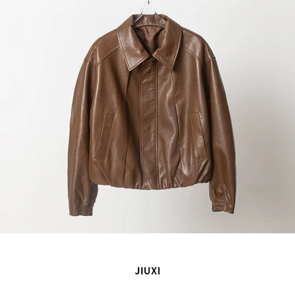 Soft Sheepskin Genuine Leather Cropped Jacket Women Lapel Zip Up Snap Button Side Pockets Casual Autumn Real Leather Outerwear