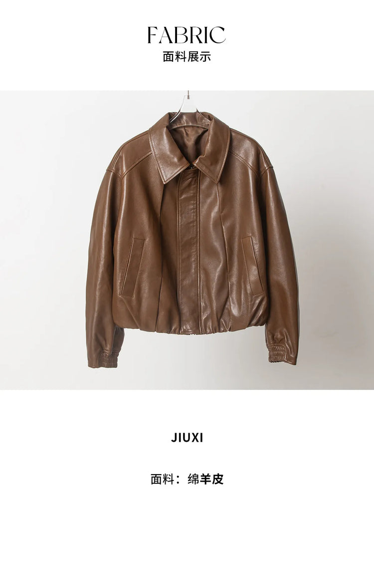 Soft Sheepskin Genuine Leather Cropped Jacket Women Lapel Zip Up Snap Button Side Pockets Casual Autumn Real Leather Outerwear