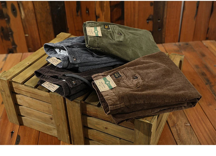 Autumn Winter Classic Cotton Corduroy Casual Mens Pants Comfortable Retro Big Pocket Drawstring Cargo Trousers AZ324
