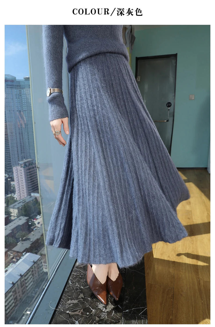 FRSEUCAG Autumn and winter women's warm half skirt 100% mink cashmere pleated skirt thick long skirt soft and loose fashionable PlatiNum