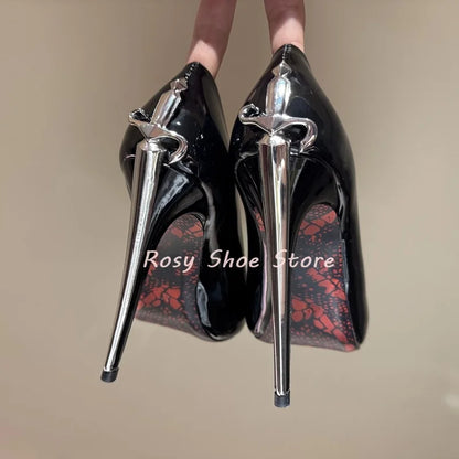 Black Suede Point Toe Strange Style Scepter-Shaped Heel Pumps Gold Silver Metal Fastener Heel Decor Pumps Nightclub Dancing Shoe