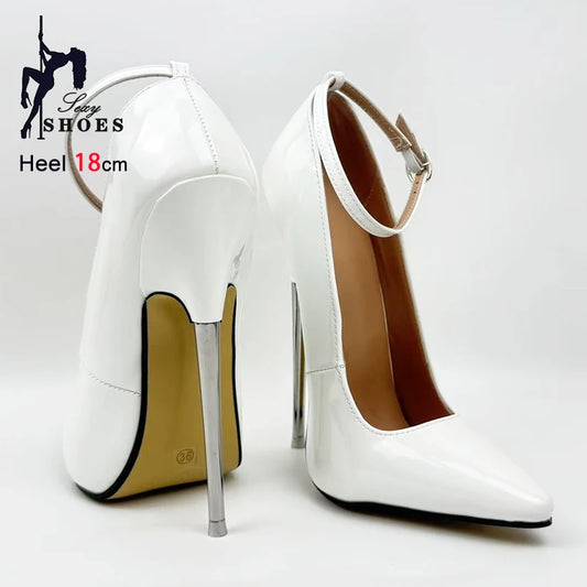 Extreme High Heel 18CM Metal Stiletto Fetish Pointed Women Shoes White Ankle Buckle Sexy Woman Pumps Party Cross Dressing Shoes