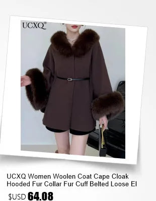 UCXQ Elegant Woolen Coat Temperament Office Lady Overcoats Fur Patchwork Long Sleeve Beautiful Women's Coats 2025 Winter New