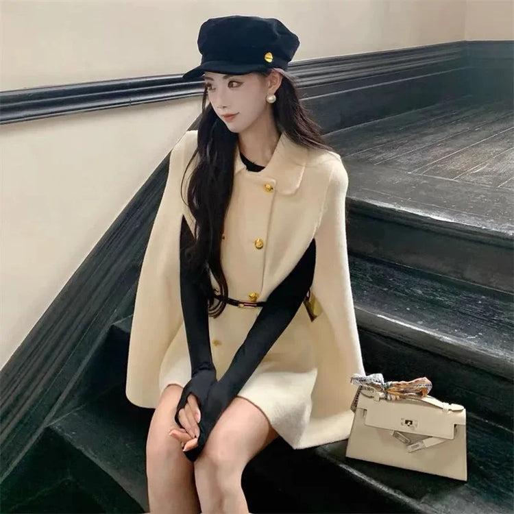 High end Casual Simple and Trendy New Cape Double Row Knitted Woolen Coat 2026 Autumn Waist Cinching Fashionable Slimming Coat