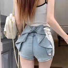 Pantaloncini di jeans sexy da donna Y2K Petite Pantaloncini di sollevamento dell'anca a vita alta con pantaloni caldi estivi sottili con dettaglio fiocco 3D di personalità