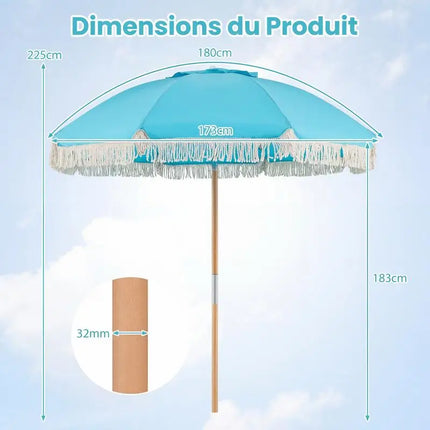 Garden Parasol with Fringes, 180cm, Wooden Parasol with 8 Sturdy Ribs, Adjustable Tilt, Automatic Opening, Bohemian Style, Blue