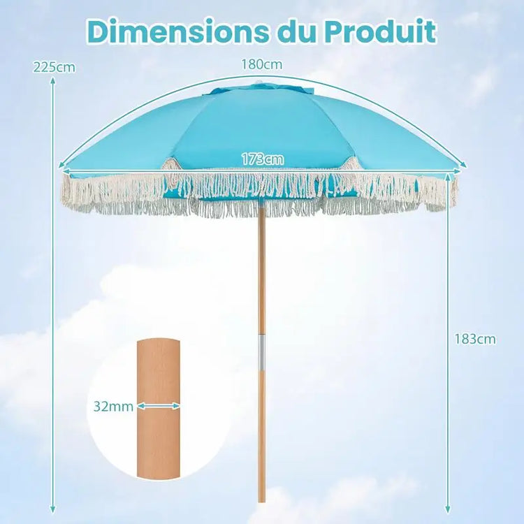 Ombrellone da Giardino con Frange, 180cm, Ombrellone in Legno con 8 Stecche Robuste, Inclinazione Regolabile, Apertura Automatica, Stile Bohémien, Blu
