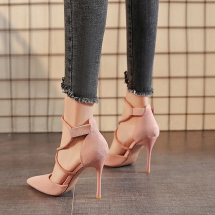 2021 Estate europea e americana pelle scamosciata a punta croce cinturino scarpe tacco alto banchetto da donna discoteca sandali sexy con tacco sottile