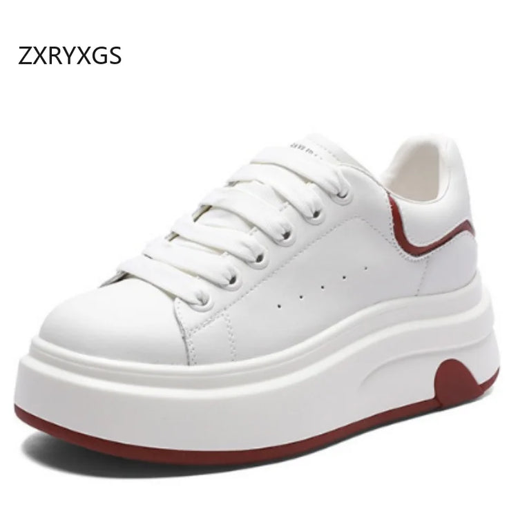 ZXRYXGS 2025 Spring Genuine Leather  Breathable Comfortable Shoes Woman New Thick Sole Wedges Increase Casual Sneakers White