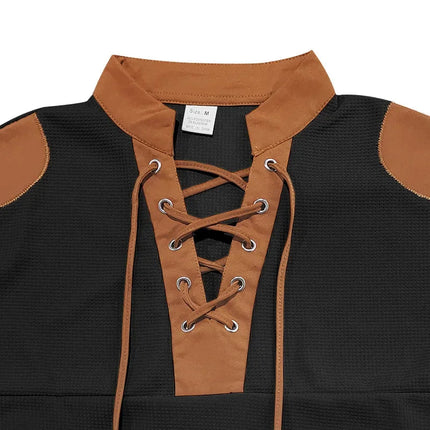 Cross-border new men's waffle color matching strap V-neck top casual long-sleeved bottoming T-shirt PlatiNum