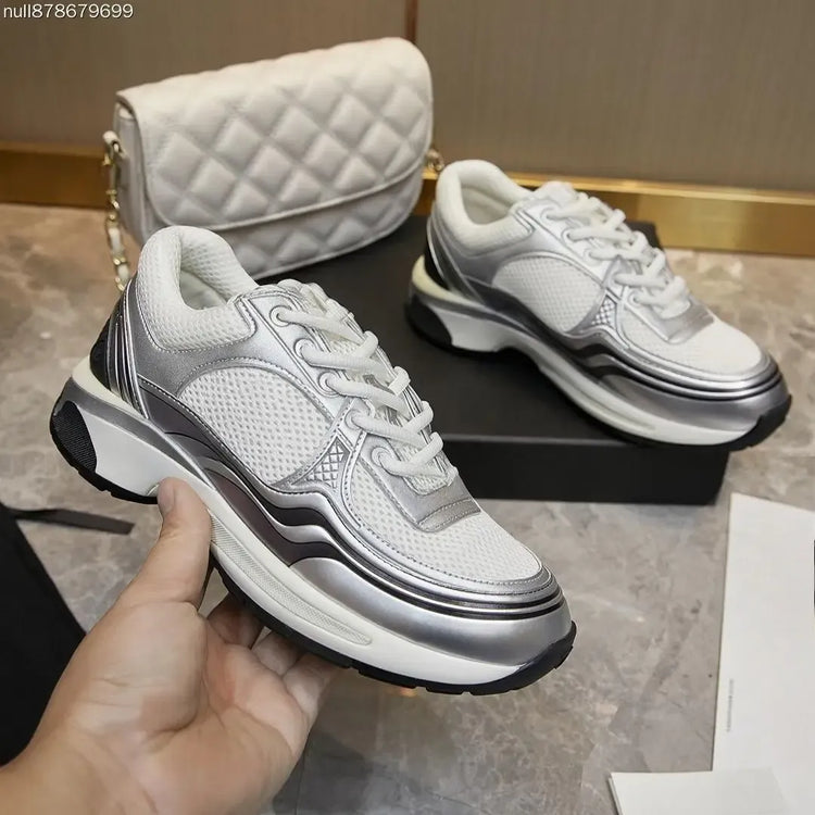 Unisex Retro Silver‑White Platform Sneakers Lace‑Up Mixed‑Material Comfort Streetwear Shoes For Male Female