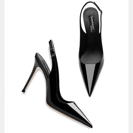 Sexy high-heeled sandals with pointed tips and elegant  summer patent leather strappy fashionable party women's shoes PlatiNum