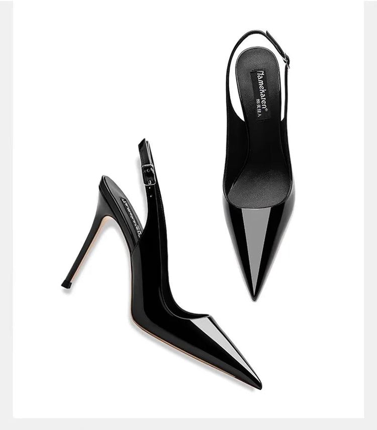 Sexy high-heeled sandals with pointed tips and elegant  summer patent leather strappy fashionable party women's shoes PlatiNum