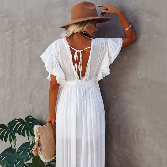 Costume da bagno donna taglie forti copricostume con scollo a V profondo costume da bagno Bikini Coverup abito lungo Kimono caftano diviso platinumshop