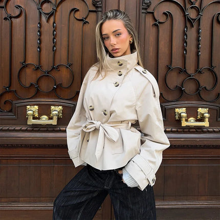 2026 Spring Women's Solid Lace Up Trench Coat Stand Collar Double Breasted Jacket Stylish New Lady Long Sleeve Outerwear Street