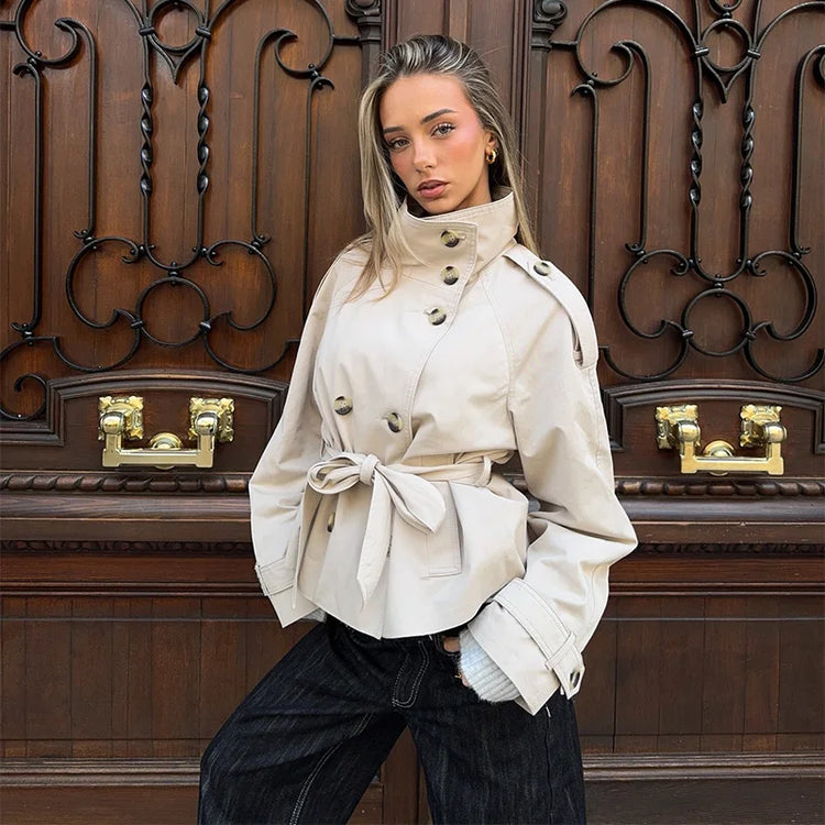 2026 Spring Women's Solid Lace Up Trench Coat Stand Collar Double Breasted Jacket Stylish New Lady Long Sleeve Outerwear Street