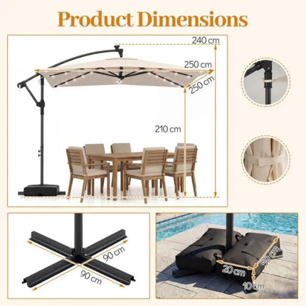 Ombrellone da patio a braccio laterale 8x8 piedi quadrati con LED solari e rotazione a 360° °   Rotazione-Beige