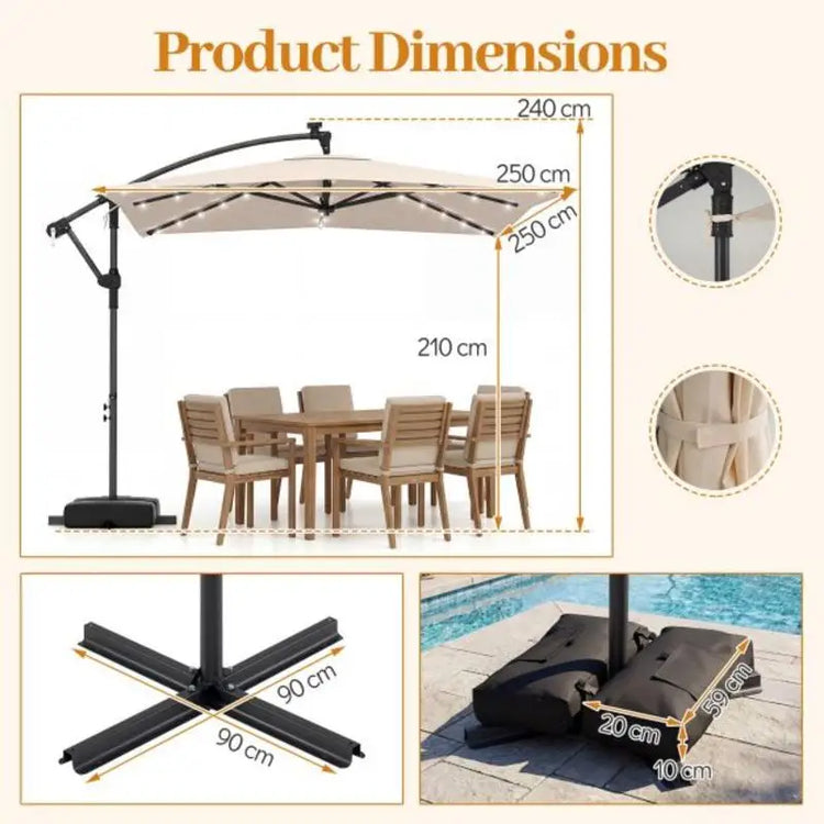 Ombrellone da patio a braccio laterale 8x8 piedi quadrati con LED solari e rotazione a 360° °   Rotazione-Beige