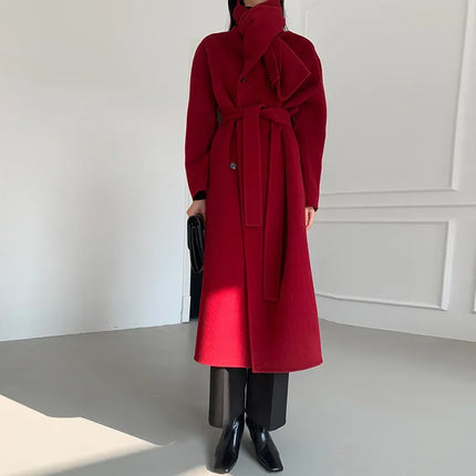 Luxury Hand-sewn Double-sided Cashmere Wool Coat Women New Mid-length Scarf Collar Loose Lace-up Warm Wool Coat Fashion Winter