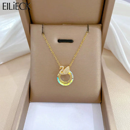 EILIECK 316L Stainless Steel Shine Cubic Zirconia Swan Pendant Necklace Gold Color Texture Metal Personalized Jewelry Neck Chain PlatiNum