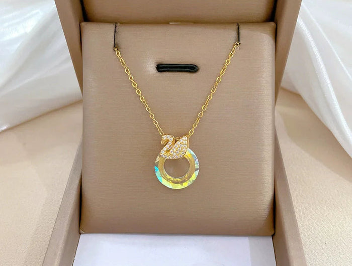 EILIECK 316L Stainless Steel Shine Cubic Zirconia Swan Pendant Necklace Gold Color Texture Metal Personalized Jewelry Neck Chain PlatiNum