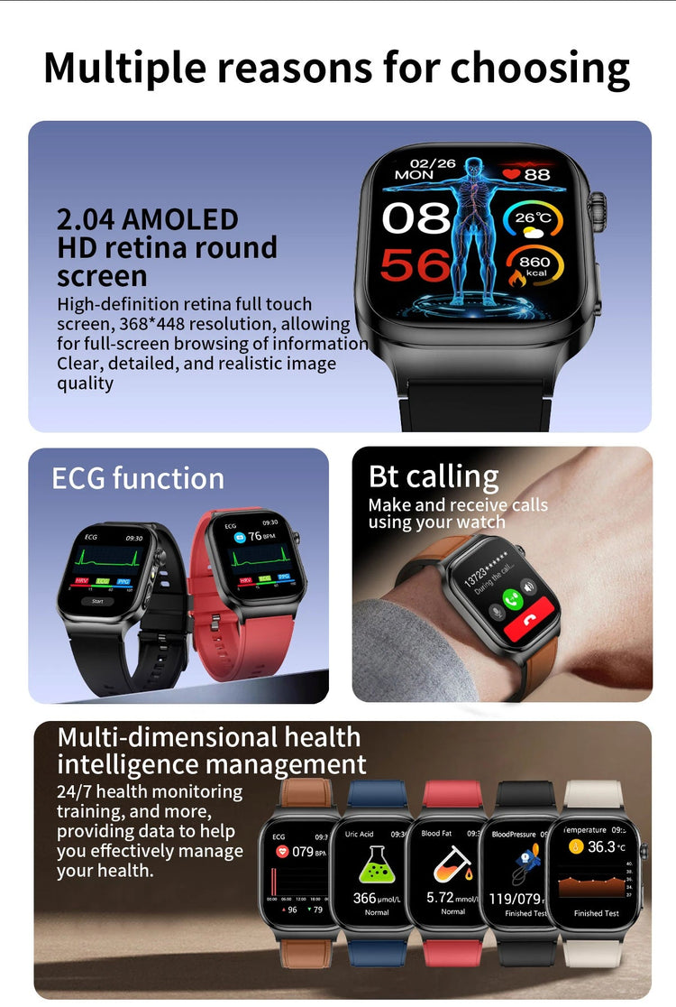 2026 Nuovo Misurazione Accurata Salute Smart Watch ECG + PPG Acido Urico Pressione Sanguigna Lipidi Nel Sangue Chiamata BT Smartwatch Per Le Donne Degli Uomini platinumshop