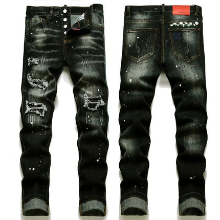 New Fashion Men Black Ripped Denim Jeans talian High Street Style Denim Pants High Quality Male Slim Fit Denim Trousers Size 38 PlatiNum