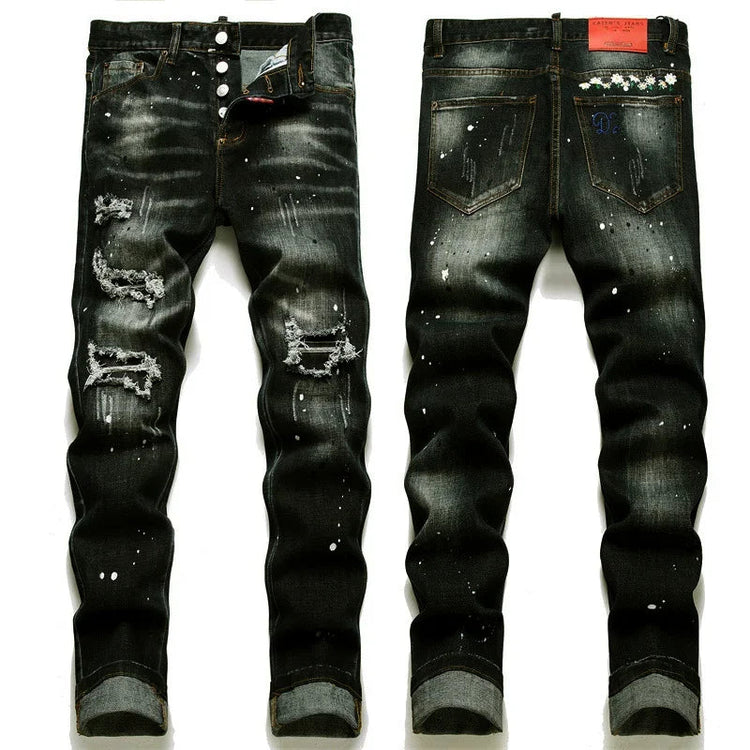 New Fashion Men Black Ripped Denim Jeans talian High Street Style Denim Pants High Quality Male Slim Fit Denim Trousers Size 38 PlatiNum