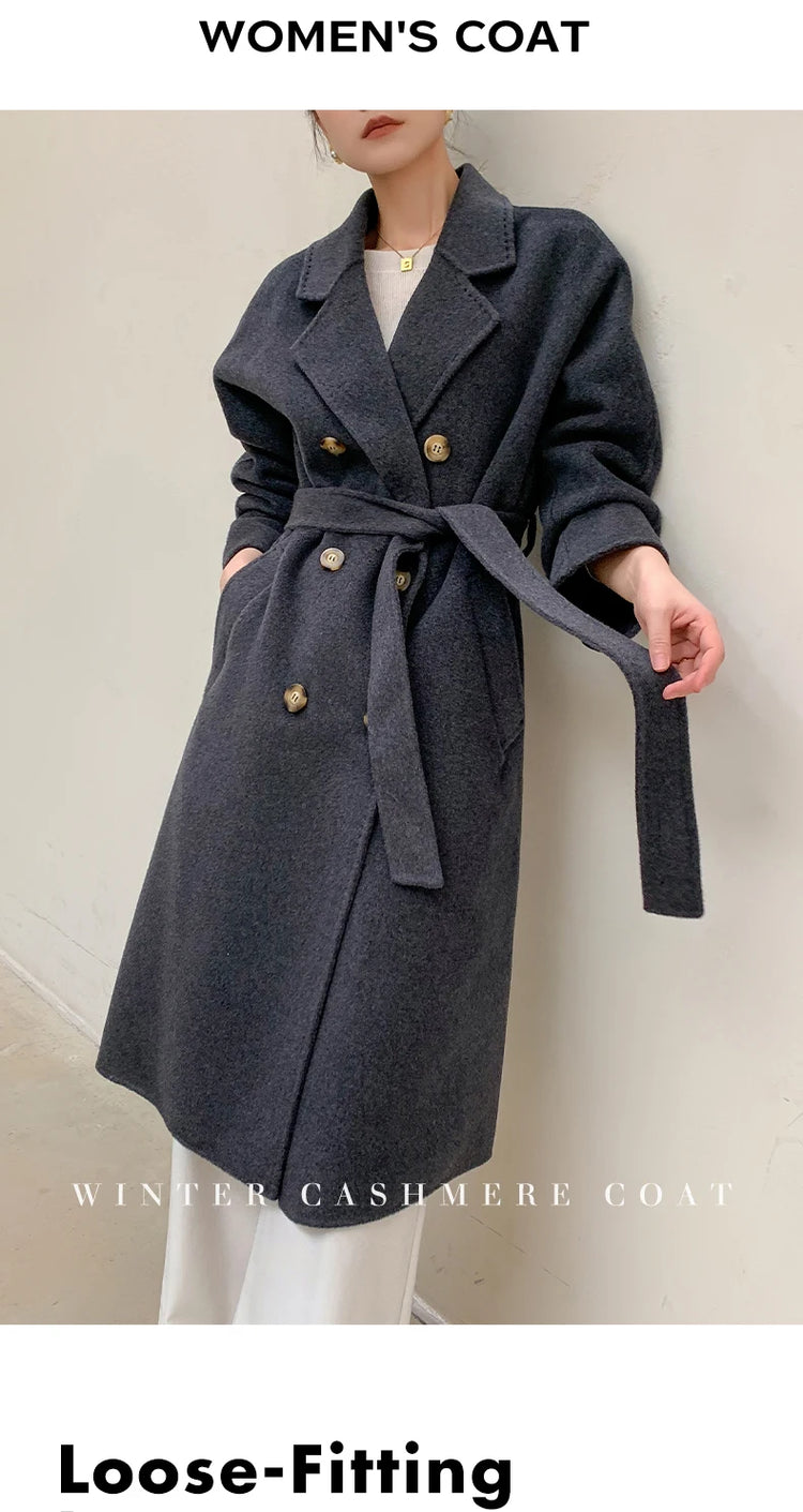Ladies' 100% Cashmere Thick Double-Sided Extended Coat, Classic, Versatile and Fashionable for Business and Leisure