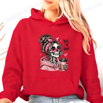 Funny Hip Hop Streetwear Fashion Gothic Hoodies Long Sleeve Vintage Sweatshirts Skeleton Love Coffee Graphic Women's Sportwear