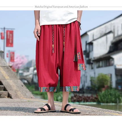 Pantaloncini kimono giapponese Costume da samurai in lino da uomo Ukiyo-e Cintura con stampa Pantaloni a gamba larga Retro Haori Pantaloni casual larghi Harajuku da uomo