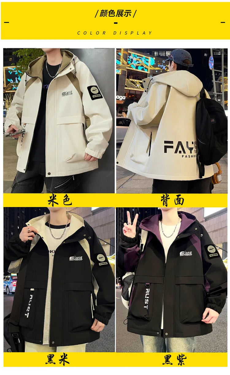 Men's Hooded Casual Jackets 2026 Spring Autumn Streetwear Windbreaker Loose Cargo Outdoor Coats Youth Daily Wear Tops Clothing