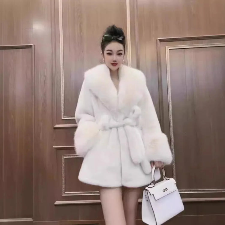 Luxury Brand Chic Faux Fur Coats Fur Collar Oversized with Belt Women Fur Jackets Winter Long Sleeve Outerwear Soft Coats New