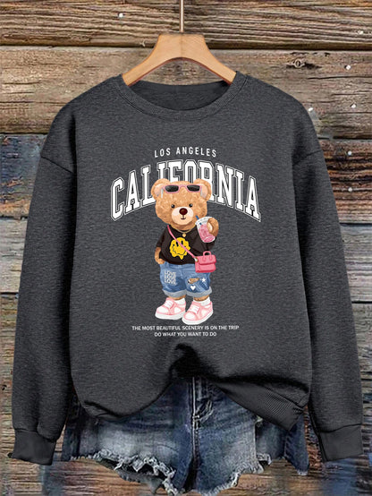 Little Bear Drinking Milk Tea Printed Women Pullover O-Neck Loose Streetwear Casual Autumn Clothes Fleece All-Match Sweatshirt