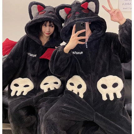 Cartoon Devil Pajamas Couples Women Men Onesie Sleepwear Winter Thicken Hooded Loungewear Coral Fleece Homewear Pijama Disfraz