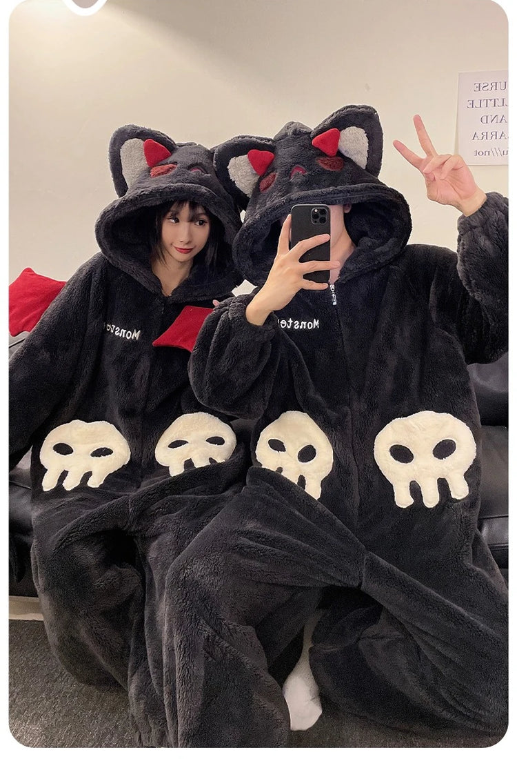 Cartoon Devil Pajamas Couples Women Men Onesie Sleepwear Winter Thicken Hooded Loungewear Coral Fleece Homewear Pijama Disfraz