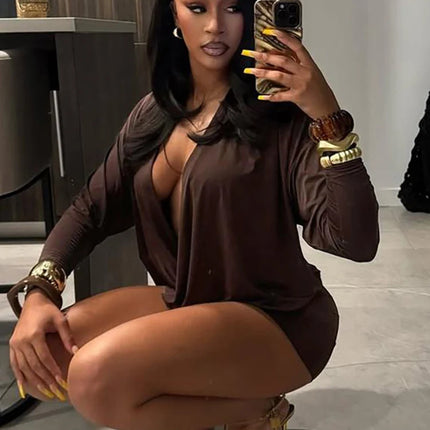 Sisterlinda Women's Deep V Neck Elegant Mini Dress Long Sleeve Skinny Hip Peach Midnight Club Party Fashion Sexy Bodycon Solid